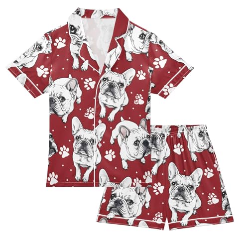 ALAZA Dog Paw Print Bulldog Christmas Satin Pajamas Set Short Sleeve Button Down Sleepwear Summer Pjs 2 Piece