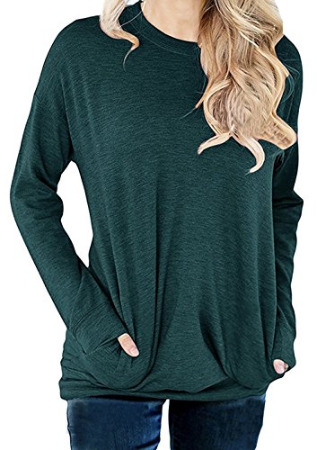 GSVIBK Damen Sweatshirt mit Rundhalsausschnitt, Tasche, Sweatshirts mit langen Ärmeln, weich, locker, Sweatshirt, dunkelgrün, Large Cover