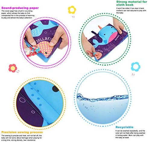 SOSPIRO Baby Cloth Books Quiet Book for Toddlers Soft Baby Books with 3D Animal Tails Safe Nontoxic Early Learning Babies First Books Gifts for 0-3 Year Old Toddlers(Ocean)