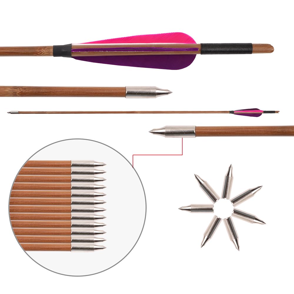 12 pz OD 7 mm 8 mm Frecce in Bambù 4 pollici Piuma di Tacchino Rosa Viola, OD 8 mm Freccia in Legno di Cedro con Piuma di Tacchino Gialla Lunghezza Dell'asta 33" per Tiro con L'arco Pratica Caccia
