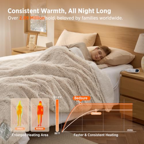 Image of Bedsure Faux Fur Heated Blanket Twin, Long-Pile Electric Blanket, Beige