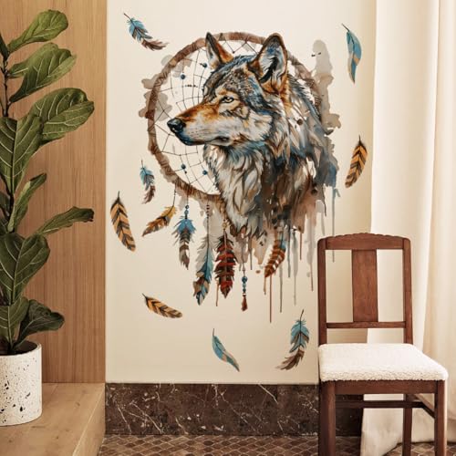 Runtoo Calcomanías artísticas de pared de lobo para despegar y pegar, atrapasueños, plumas bohemias, calcomanías de pared para dormitorio, sala de estar, niñas, guardería, decoración de pared