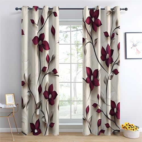 SZLYZM Red Floral Blackout Curtains for Bedroom living Room, Botanical Rustic Flower Curtains 90x90, 90 Inch Drop Curtains 2 Panels Set, Thermal Eyelet Drapes Decorative Window Treatments - Image 2