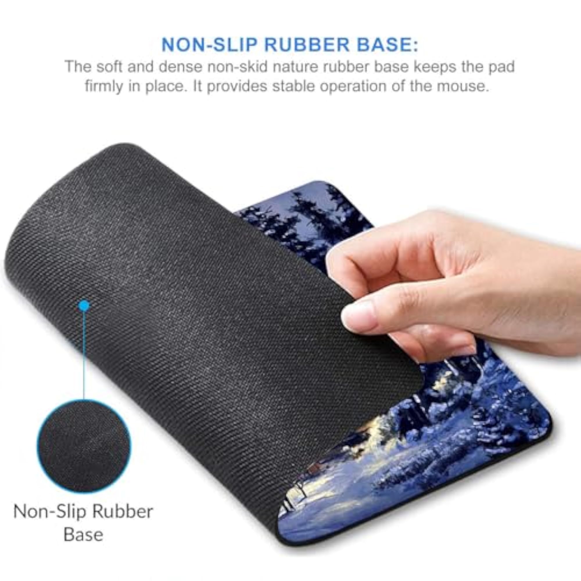Mouse Pad with Anti-Slip Base, Spill-Resistant, Mountain Tree Winter Snow Design