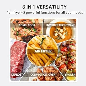 Toshiba 6 in 1 inverter countertop microwave oven healthy air fryer combo master series air fryer broil convection speedy combi even defrost sound onoff 27 auto menu stainless steel  urban country home decor