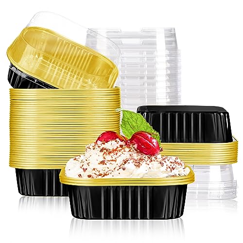EUSOAR Mini Cake Pans With Lids, 12.3oz 360ml 50pcs Square Aluminum Cupcake Baking Cups Pans with Lids, Aluminum Foil Cake Brownie Desserts Muffin Liners Ramekins Cups Tin Holders Containers