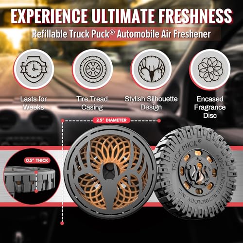 Image of Drive Time Truck Puck High Range Cedar Fragrancee Car Air Freshener - Long-Lasting Car Deodorizer, Refillable Vent & Visor Clip Auto Air Freshener for Car, Truck & SUV, Premium Fragrance, Pack of 3