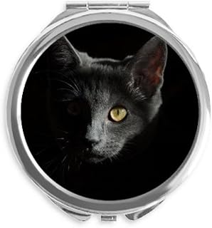 Black Cat Animal Stare Dark Hand Compact Mirror Round Portable Pocket Glass