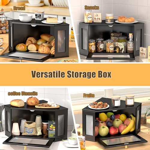 TQQDCI Corner Bread Box for Kitchen Countertop, Bamboo Wooden Counter Organizer, Farmhouse Bread Storage Bin for Homemade Bread, Small Vintage Corner Breadbox Container with Acrylic Window, Black by TQQDCI - Image 7