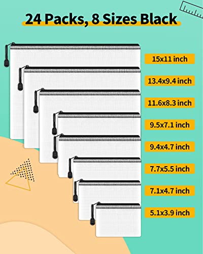 Image of Smarpau 24pcs Mesh Zipper Pouch, 8 Sizes Plastic Zipper Bags for Organizing | Multipurpose Waterproof Document Pouches for Office, Travel, Home Board Game Storage - Black