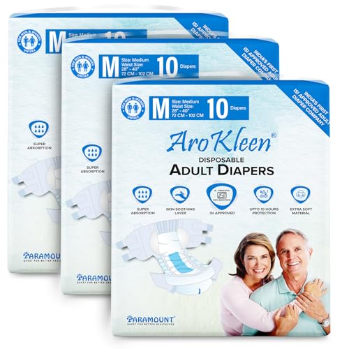 Image of AroKleen (ISI CERTIFIED) Adult Diapers Tape Style | Medium (M) Size, 30 Count, Waist Size (72-102cm | 28 inch- 40 inch inches), Unisex, High Absorbency, Leak Proof, Overnight Protection, Odour lock, Anti-Bacterial Absorbent Core-Pack of 3