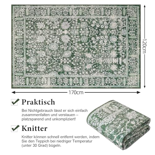 WONGS BEDDING Vintage Waschbar Teppich Boho Blumen Kurzflor 120x170cm, Grün – Ansicht 2