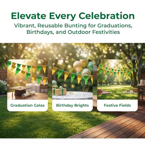 Image of 40M /130FT Green Gold Triangle Pennant Banner Flag Metallic Fabric Bunting Garland for Christmas Graduation Wedding Engagement Anniversary Bachelorette Birthday Bridal Shower Hen Party Supplies