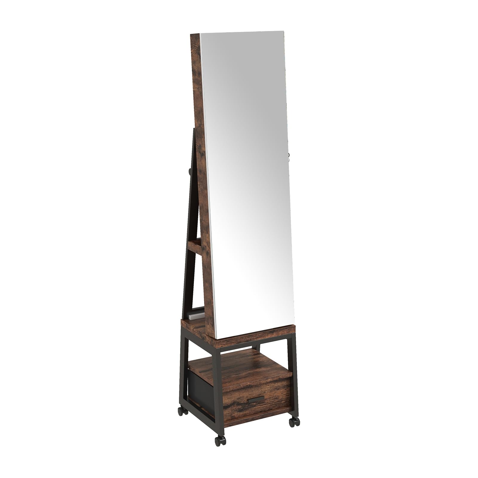 360° Swivel Jewelry Cabinet,66'' Freestanding Jewelry Armoire With Bottom Drawer and Wheels, Mirror Cabinet With Storage Swivel Jewelry Armoire Standing With Full-Length Mirror ?Rustic Brown