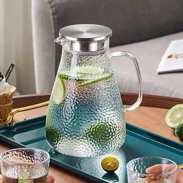 Image of Premium Glass Water Pitcher with Lid - 1.5L Heat Resistant Elite Borosilicate Glass Jug for Hot & Cold Beverages | Carafe with Stainless Steel Filtered Spout for Juice, Lemonade, Iced Tea