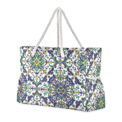 Turquoise Boho Unique Design Portable Tote Bags Women with side pocketes Large Bag for beach&school&work