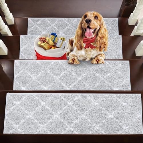 BEQHAUSE Treppenstufen Matten, 4 Stück Treppenteppich, 22 * 70cm Stufenmatten Selbstklebend 100% Polyester TPE-Rücken, Geeignet für alle Arten von Treppen, Wiederverwendbar, Grau