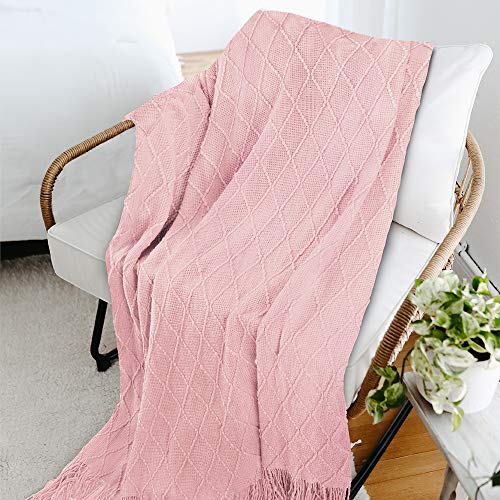Pavilia Knitted Throw Blanket Fringe Blush Light Pink | Decorative Tassel Boho Farmhouse Decor Couch Bed Sofa Fall Outdoor | Woven Modern Textured Afghan Soft Lightweight Cozy Warm Acrylic 50X60 #TOP6