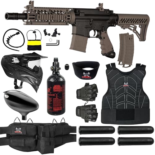 Maddog Tippmann TMC MAGFED Paintball Gun Marker & Accessory Starter Package | Protective Kit - Marker, 48ci/3000psi Compressed Air Tank, Mask, Hopper, Pods, Harness & Protective Gear - Tan/Black
