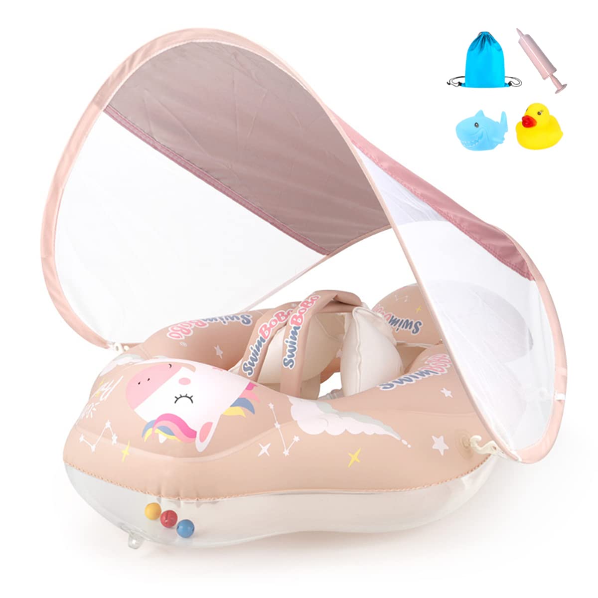 Auniq Flotador de natación para bebé, flotador inflable para piscina, asiento seguro para recién nacido, entrenador inflable, anillo de natación para bebé con toldo de protección solar, juguetes flotadores de bomba manual (6-36 meses)