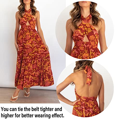 Zesica Women's 2023 Summer Crossover Halter Neck Sleeveless Plaid Cut Out Backless Flowy A Line Maxi Dress,Orangerust,Small #TOP1