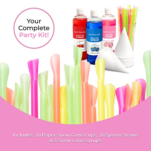 Image of Nostalgia Premium Snow Cone Syrup Party Kit, 20 Snow Cones, 20 Spoons /Straws, Blue Raspberry, Cherry, Cotton Candy