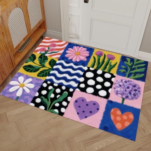 Paillasson fleurs patchwork violet : la solution anti-glisse lavable - 4