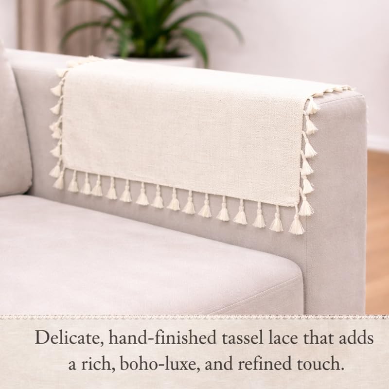 Image of STITCHNEST Jute Sofa Arm Cover with Tassels | Elegant Textured Hand Rest Protector | Durable & Long-Lasting | 18 x 22 Inches