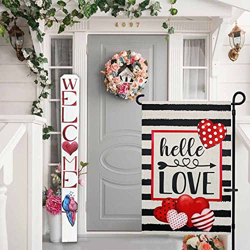 Hello Valentines Day Garden Flag, Hogardeck 12.5X18 Inch Vertical Double Sided Stripe Yard Flag, Farmhouse Rustic Outdoor Valentines Day Decor #TOP3