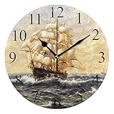 Wamika Round Wall Clock Vintage Pirate Ship Sailing Sea Ocean Clocks Silent Non Ticking Wall Decorative, Boat Nautical Theme Clocks 10 Inch Battery Operated Quartz Quiet Desk Clock for Home Decor
