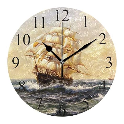 Wamika Round Wall Clock Vintage Pirate Ship Sailing Sea Ocean Clocks Silent Non Ticking Wall Decorative, Boat Nautical Theme Clocks 10 Inch Battery Operated Quartz Quiet Desk Clock for Home Decor
