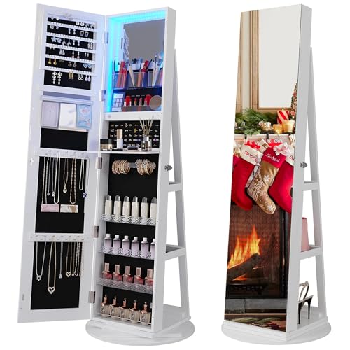FOMNEY Full Length Mirror with Storage, 61' Mirror Jewelry Cabinet Standing, Rotating Jewelry Mirror...