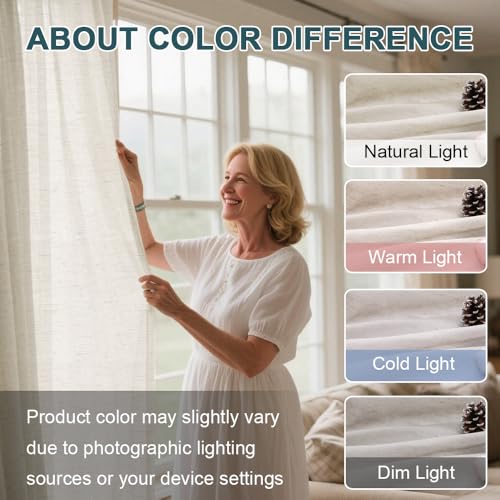 Turquoize White Linen Sheer Curtains Natural Linen Semi Sheer Curtains White 96 Inches Long Light Filtering Burlap Curtain 2 Panels Rod Pocket Window Treatments Drapes, Privacy Assured, Natural - Thumbnail 6