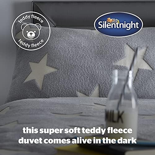 Silentnight Glow in the Dark Teddy Fleece Duvet Set Fluffy Fleece Teddy Bear Bedding Kids Duvet Cover and Pillowcase Set with Glow in the Dark Stars Single 135x200cm Grey