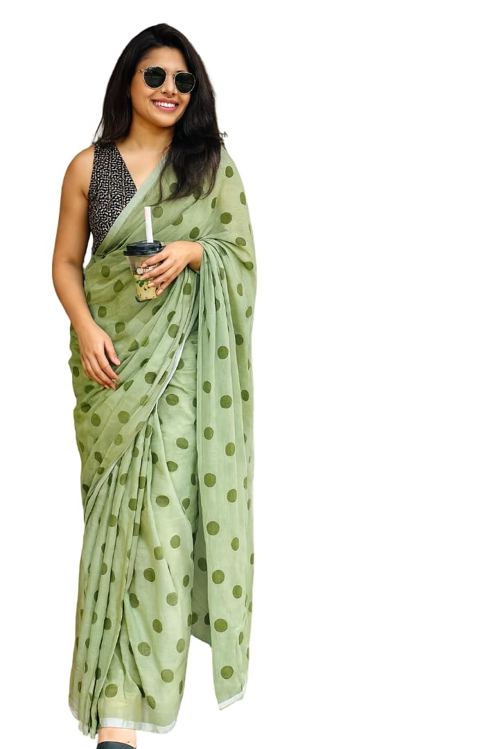 Women’s Pista Green Linen Saree with Polka Dot Print | Soft Lightweight Linen-Blend Daily Use Saree with Blouse Piece-image-34