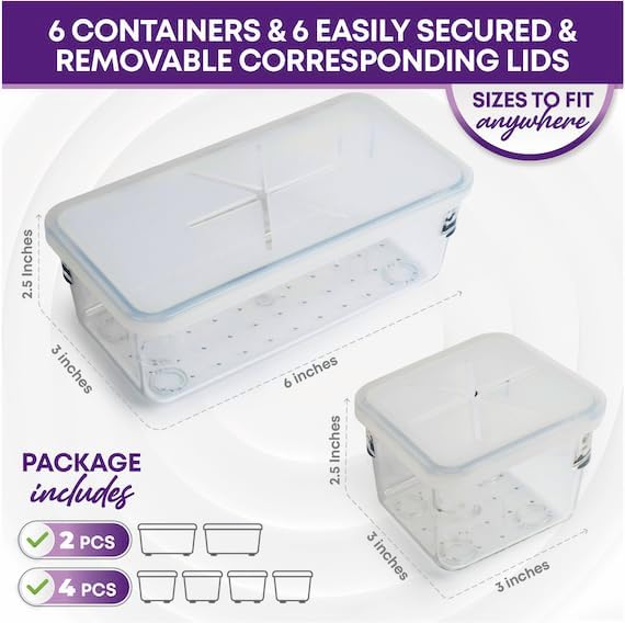6 Clear Plastic Drawers Organizer Containers & 6 Matching Easy-Grab Silicone Lids - Keep Your Hair Ties, Desk & Bathroom Accessories Drawer, Vanity, Playroom Storage & More Organized!