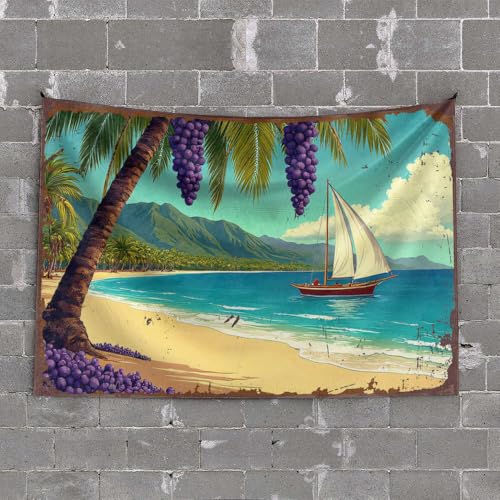 Tapiz de decoración de cueva de hombre y accesorios, palmeras, uvas moradas y un barco de vela en una playa tropical, tapices para decoración de habitación, tapiz de pared grande (100 x 150 cm)