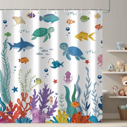Image of iTapnoom Kids Ocean Theme Shower Curtain, Cute Sea Turtle Fish Coral Boys Girls Bathroom Curtain Decor Waterproof Fabric with 12 Hooks 72x72 Inch