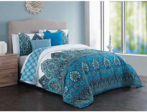 MPN 5 Piece Colorful Blue Teal Damask Comforter Queen Set, Red Pink White Bohemian Bedding Hippie Florals Indie Southwest Themed Majestic Tribal Country, Reversible Microfiber Polyester