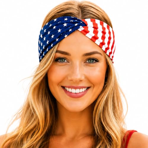 Shimmer Anna Shine Red White & Blue Patriotic Headband – American Flag Stars & Stripes Cotton Hair Accessory for Women & Girl USA Soccer Fans, 4th of July Party Accessories
