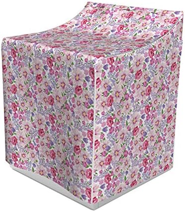 Lunarable Floral Cover for Washer and Dryer, Pattern with Vivid Colors Nature Design Different Flowers Tulip Daisy Graphic, Washroom Decor with Dust Protection, 29" x 28" x 40", White Lilac