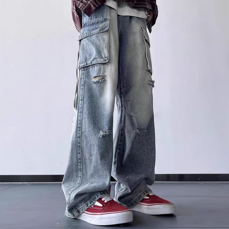 Men's Cargo Baggy Jeans Y2k Ripped Straight Leg Denim Pants Fashion Hip Hop Grunge Clothing Blue3