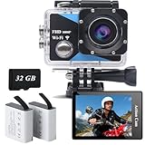 Nvgfelis Action Cam 1080P,WiFi Action Camera con 32GB,Fotocamera Subacquea impermeabile 98FT/30M, Sports Cam con 2×1050 mAh Batteries Ricaricabili e Kit Accessori