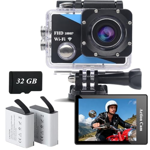 Nvgfelis WiFi Action Cam FHD 1080P mit 32GB Speicherkarte, Actionkamera wasserdicht bis 30M, ActionCamera mit 2×1050 mAh wiederaufladbare Akkus und Zubehör-Set Nvgfelis WiFi Action Cam FHD 1080P mit 32GB Speicherkarte, Actionkamera wasserdicht bis 30M, ActionCamera mit 2×1050 mAh wiederaufladbare Akkus und Zubehör-Set