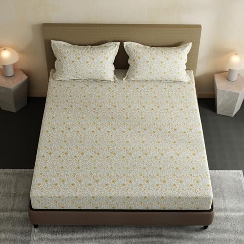 Image of Layers 100% Cotton Bedsheet for Double Size Bed | Lumina Floret Collection | 144 TC Soft & Breathable | Floral Print with 2 Pillow Covers | Wrinkle Free & Colorfast | 3 Piece Bedding Set - Yellow