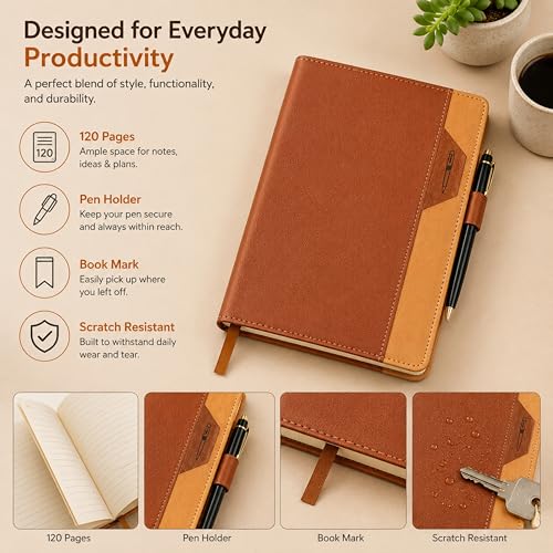 Image of A5 Soft PU Leather Notebook Journal with Pen Holder & Bookmark Ribbon, 120 Sheets /240 Pages Lined Paper, Premium Leather Diary for Office, Work, Business, Meeting Notes, Travel, Students & Professionals (21 X 15 CM) (Brown)
