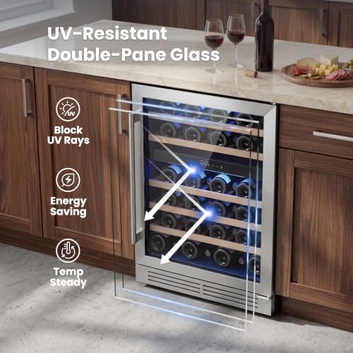 Image of Yeego 24 Inch Dual Zone Wine Fridge, 52 Bottle Wine Cooler, Right-Hinged | Built-In or Freestanding, Under Counter Wine Refrigerator with Glass Door, 40-65F | For Home Bar, Kitchen, Office