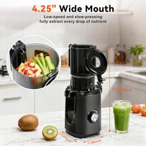 Image of NEWBULIG Juicer Machines, 4.25 inch Feed Chute Cold Press Juicer, Black | BPA-Free, Reverse Function, High Juice Yield, Easy to Clean, Slow Masticating Juicer or Vegetables & Fruits