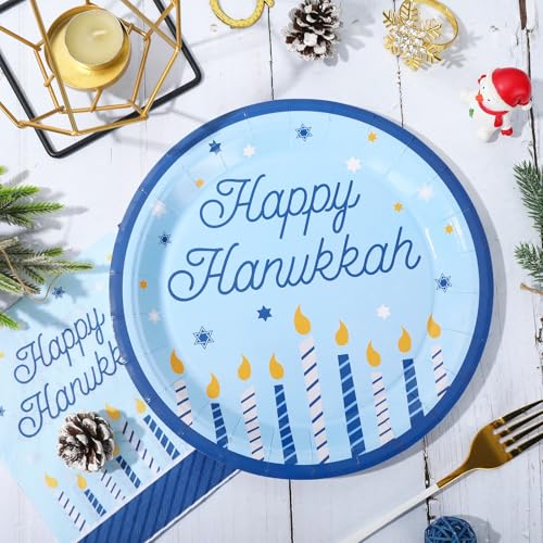48Pcs Happy Hanukkah Tableware Set Blue Candle Star Disposable Dinnerware 24Pcs Paper Plate 24Pcs Dinner Napkin For Chanukah Party Supplies Table Decor - Image 4