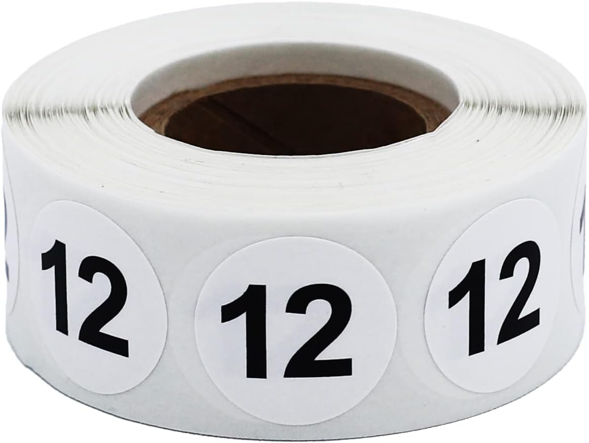 White with Black Number 12 Circle Dot Stickers, 3/4 Inch Round, 500 Labels on a Roll